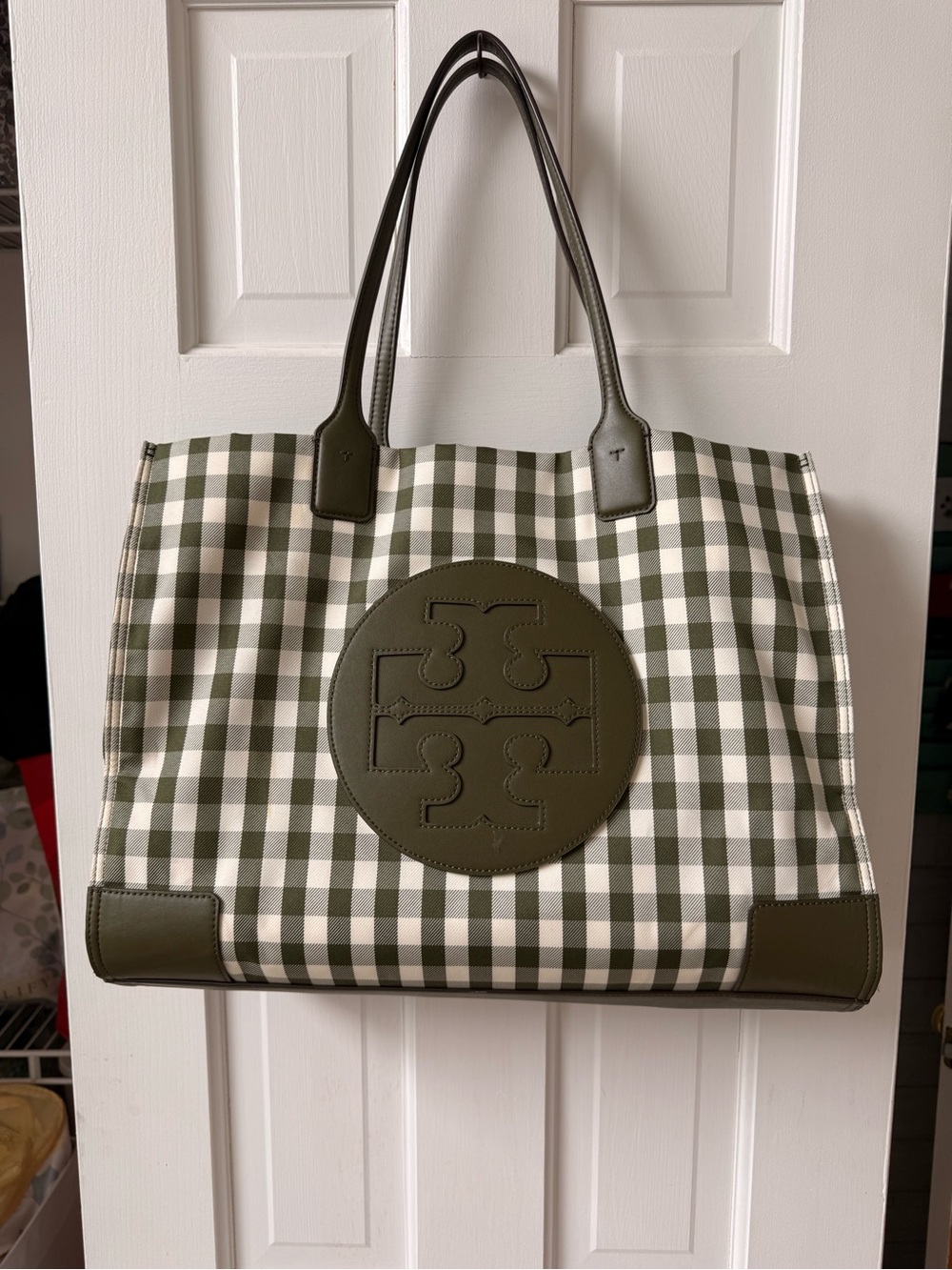 Tory Burch Olive and White Gingham Tote with Logo Medallion